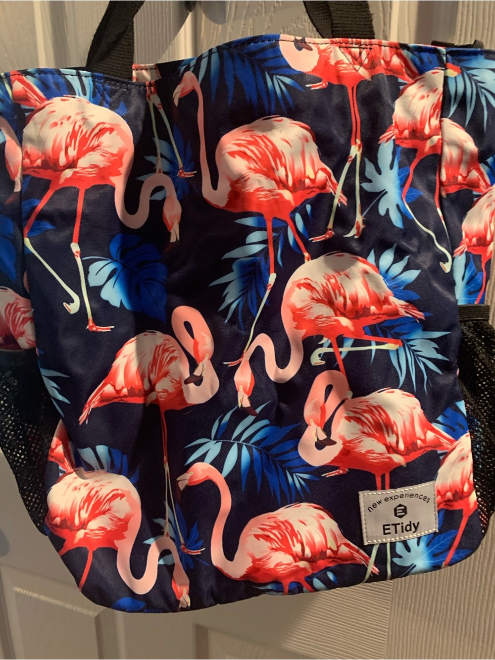 ETidy Flamingo Print Tote Bag in Navy & Pink small beach bag